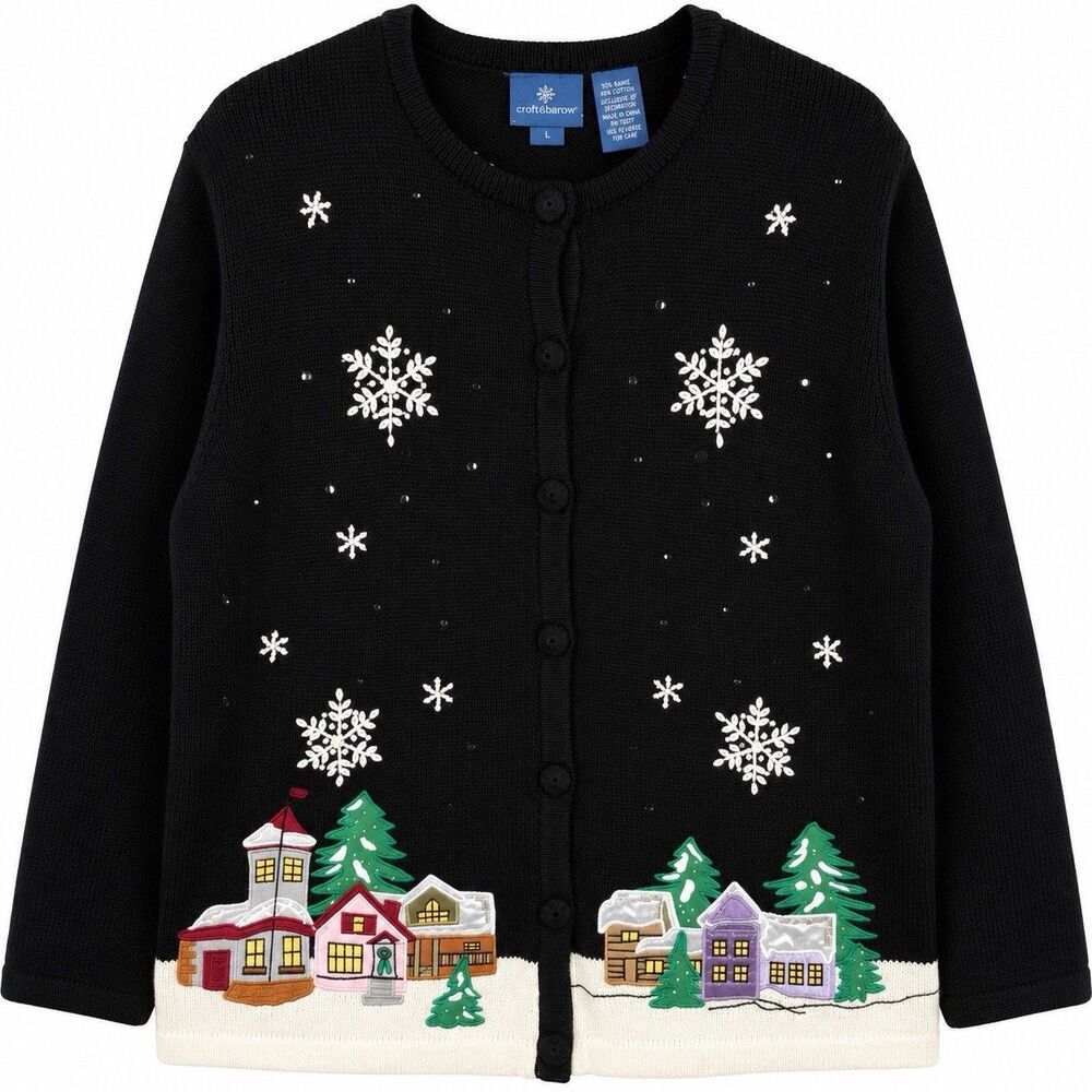 Holiday Editions Christmas Cardigan Womens XL Black Snowflake Village Sweater